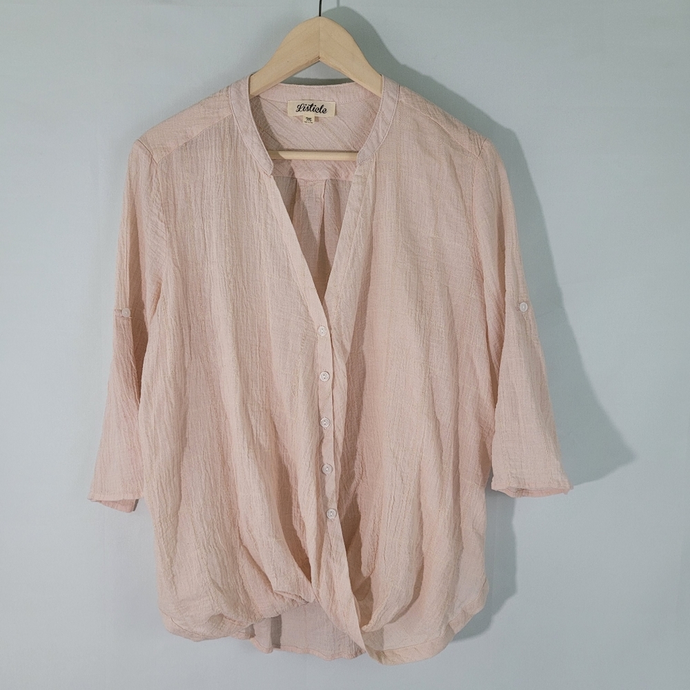 Listicle Women's Oatmeal 3/4 Sleeve Twisted Front Button Up Peasant Top Siz M